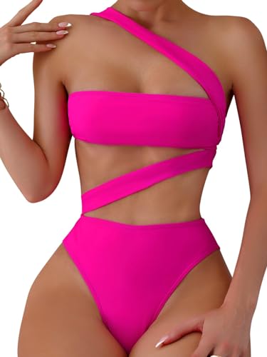 Lilosy Sexy Cutout Tube One Shoulder Swimsuit High Waist Piece Cheekly Bikini Brazilian Women Bandeau Bathing Suit Hot Pink Medium