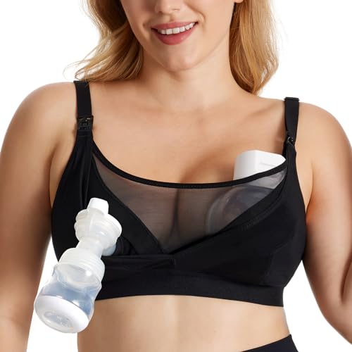 Momcozy Mesh Support Pumping Bra Hands Free Suitable for 36C-44G, HF018 Comfortable Plus Size Pumping and Nursing Bra in One Black