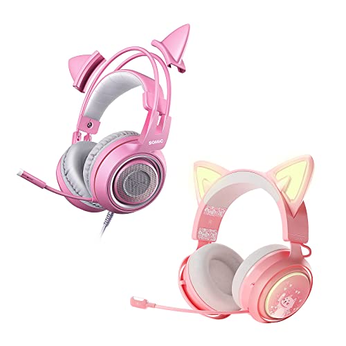 SOMIC 2Pack Cat Ear Headphones, G951S Pink Gaming Headset with Detachable Cat Ear and GS510 2.4GHz Wireless Cat Headset with RGB Lights for PC, PS4, PS5, Loptop
