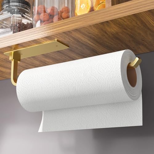 Paper Towel Holder - Self-Adhesive or Drilling, Gold Wall Mounted Paper Towel Rack Under Cabinet for Kitchen, Upgraded Aluminum Kitchen Roll Holder - Lighter but Stronger Than Stainless Steel!