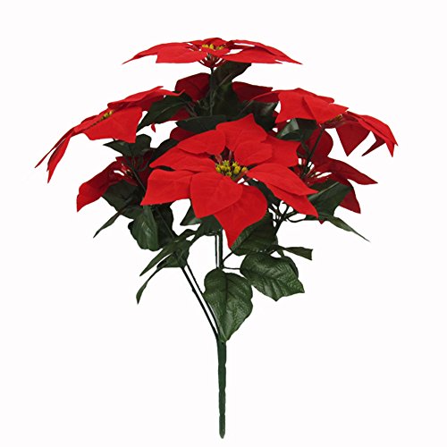 Htmeing 7 Head Red Poinsettia Decorative Artificial Christmas Flowers Fake Plants Indoor Home Decor for Christmas Tree-1 Bouquet