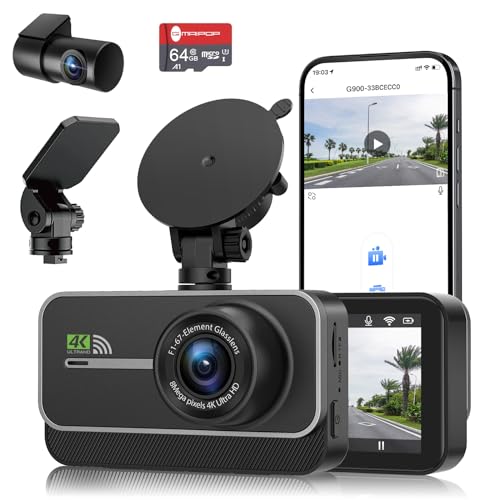 Dash Cam Front and Rear,4K+1080P WiFi Dual Dash Camera for Cars with App, 3' IPS Dual Dashboard Camera Recorder,Night Vision,24H/7 Parking Mode, Loop Recording,170° Wide Angle,Free 64GB SD Card