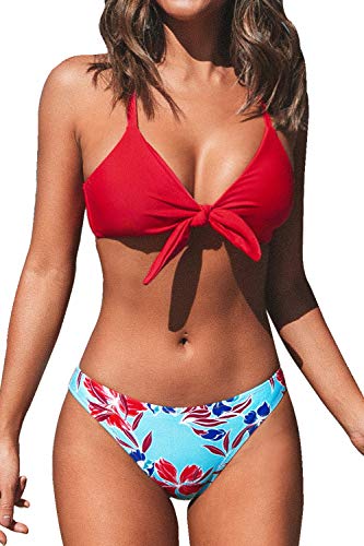 CUPSHE Women's Red Floral Print Knot Adjustable Bikini Sets, S