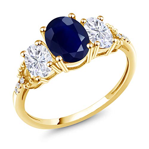 Gem Stone King 10K Yellow Gold Blue Sapphire White Moissanite and Diamond Accent 3 Stone Engagement Ring For Women (2.84 Cttw, Gemstone Birthstone, Available in size 5, 6, 7, 8, 9)