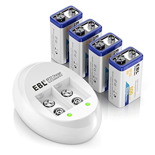 EBL 4-Pack 9V Batteries Li-ion 9 Volt Rechargeable Batteries with 9V Battery Charger