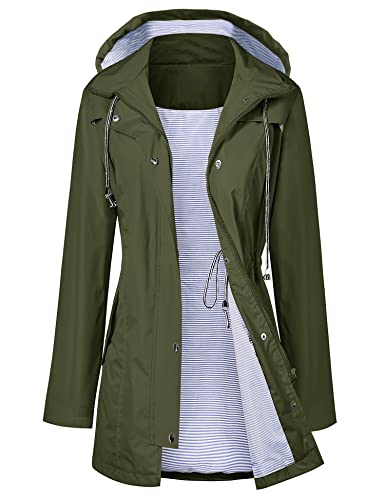 LOMON Raincoat Women Waterproof Long Hooded Trench Coats Lined Windbreaker Travel Jacket Army Green M