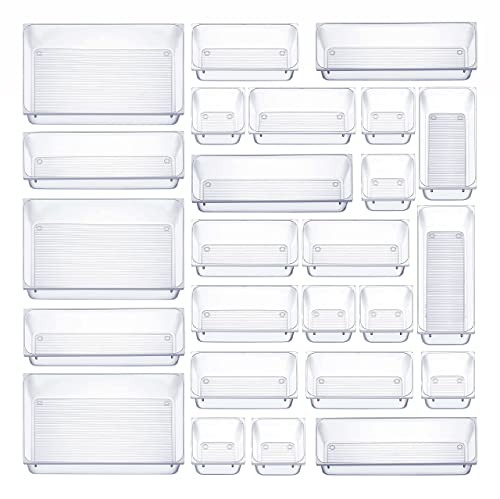 25 PCS Clear Plastic Drawer Organizers Set, 4-Size Versatile Bathroom and Vanity Drawer Organizer Trays, Storage Bins for Makeup, Bedroom, Kitchen Gadgets Utensils and Office Accessories