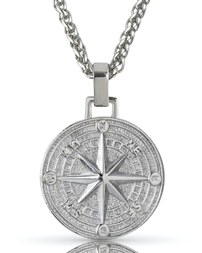 Forge & Foundry Men's Compass Pendant Necklace with 21” Wheat Chain and Extender Included | 2.0 Navigator - Silver