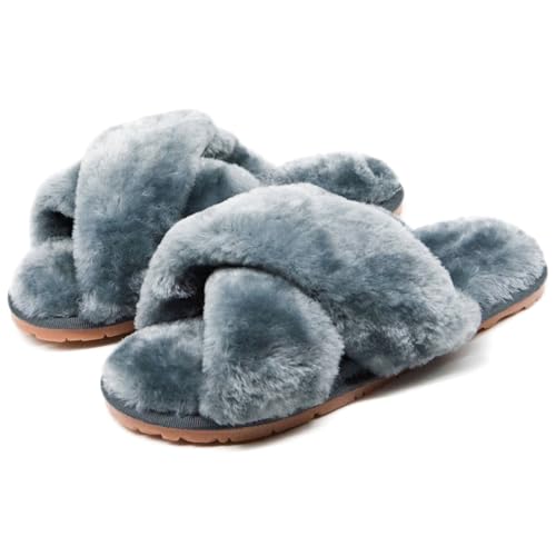Crazy Lady Women's Fuzzy Fluffy House Slippers Cute Plush Memory Foam Shoes Cross Band Indoor Outdoor Open Toe Sandals(06/Grey, 7-8)
