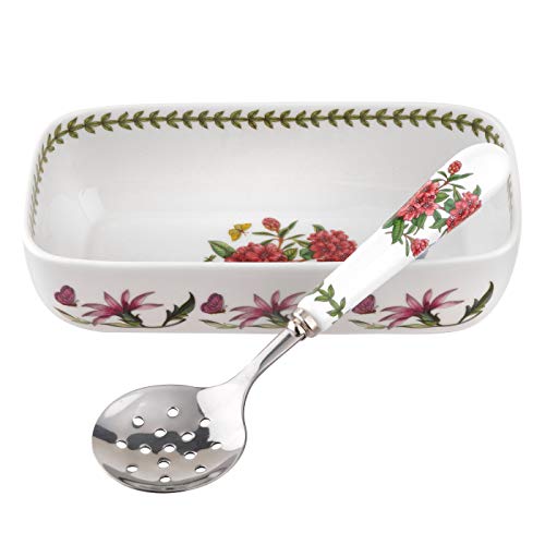 Portmeirion Botanic Garden Cranberry Dish and Slotted Spoon | 2-Piece Set | Rhododendron Motif | Measures 8' | Made of Fine Porcelain | Dishwasher and Microwave Safe