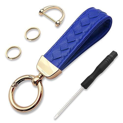 NTNEV Genuine Leather Car Keychain, Universal Car Key FOB Keychain, handmade knitted car key chain, 360 Degree Rotating with Anti-Lost D-Ring, 2 Key Rings and 1 Screwdriver, Unisex-Blue