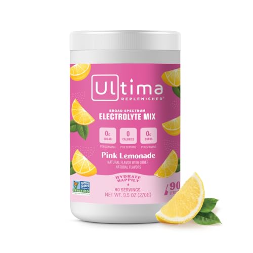 Ultima Replenisher Daily Electrolyte Drink Mix – Pink Lemonade, 90 Serving – Hydration Powder with 6 Key Electrolytes & Trace Minerals – Keto Friendly, Vegan, Non-GMO & Sugar-Free Electrolyte Powder