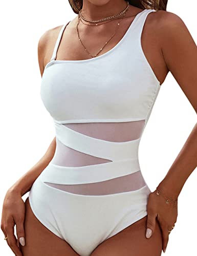 Blooming Jelly Women's Sexy One Piece Bathing Suits One Shoulder Swimsuits Slimming Mesh Swimwear (XX-Large, White)
