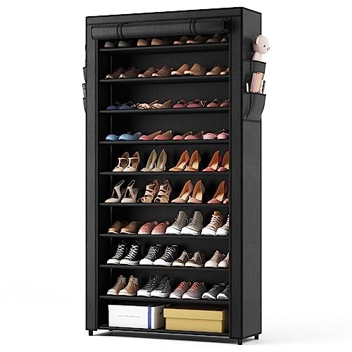 ROJASOP 10 Tier Shoe Rack with Covers,Large Capacity Stackable Tall Shoe Shelf Storage to 50-55 Pairs Shoes and Boots Sturdy Metal Free Standing Organizer for Closet Entryway Garage Bedroom