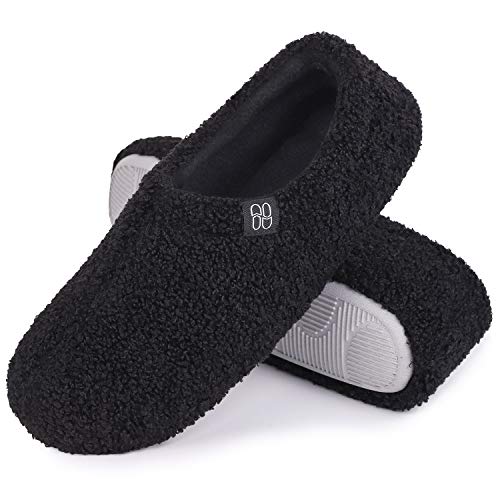 HomeTop Women's Fuzzy Curly Fur Memory Foam Loafer Slippers Bedroom House Shoes with Polar Fleece Lining (8.5, Black)