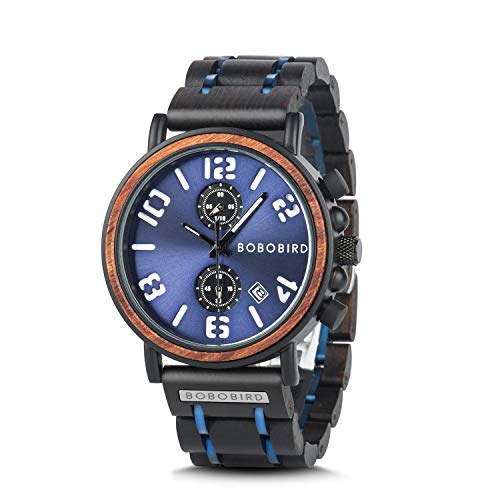 BOBO BIRD Men's Wood Watch Stainless Steel Luxury Brand Design Analog Quartz Wrist Watches Waterproof Date Timepieces (Blue)