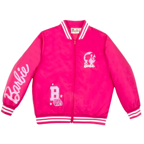 Barbie Girls Bomber Jacket, Zip-Up Bomber Jacket for Girls, Girl Power Outerwear (Pink, Size 10/12)