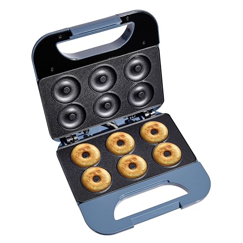 COOK WITH COLOR Mini Donut Maker: Craft Colorful Treats with 750W, Non-Stick Plates, Easy-to-Clean, Cool-Touch Handle, Skid Resistant Feet; Makes 6 Doughnuts for Kid-Friendly Delights, Navy