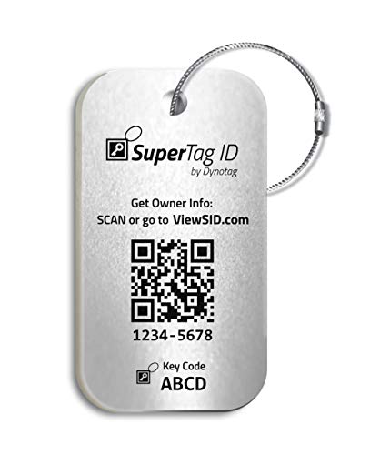 Dynotag Sentry Series Solid Metal Web Enabled Smart Luggage ID Tag + Steel Loop, w. DynoIQ & Lifetime Recovery Service (Frost Silver, Anodized Aluminum)
