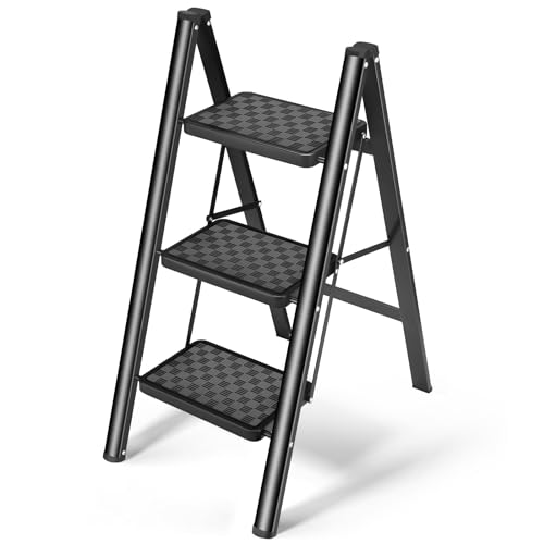 HBTower 3 Step Ladder Folding Step Stool, 330 Lbs Capacity Step Stool for Adults, Closet Step Stool Ladder with Anti-Slip Wide Pedals Household Office, Black