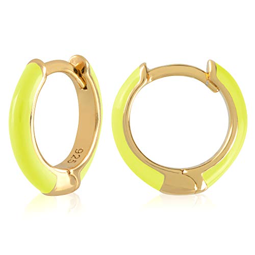 14K Gold Plated Sterling Silver Enamel Color Huggie Hoop Earrings for Women – Neon Yellow Enamel