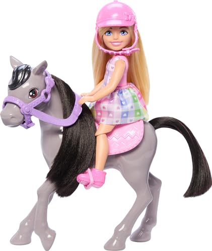 Barbie Chelsea Doll & Horse Toy Set, Includes Helmet Accessory & Saddle, Doll Bends at Knees to “Ride” Gray Pony