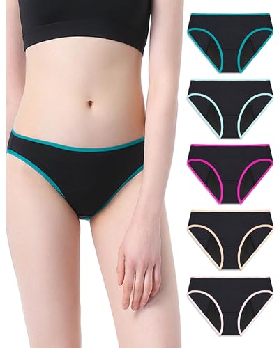 Neione Period Underwear for Women Menstrual Panties Postpartum Underpants High-Cut Bikini Briefs 5 Pack Black Medium