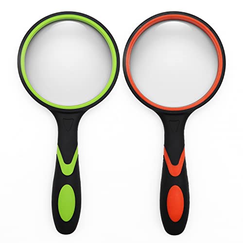 SHENGQIDZ 2 Pack 75mm 10X Handheld Magnifying Glass,Rubber Reading Magnifier for Kids Seniors, Suitable for Hobbies and Science