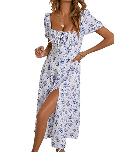 WDIRARA Women's Floral Print Tie Front Square Neck Short Sleeve Split Thigh Dress Blue and White M