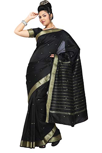 Sanskruti India Womens Indian Ethnic Traditional Banarasi Art Silk Saree Sari Wrap Fabric Dress Drape (Black)