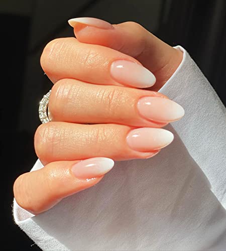 24 Pcs Press on Nails Medium, Sunjasmine Almond Fake Nails with Glue, Pink White Gradient False Nails with Designs, Acrylic for Women