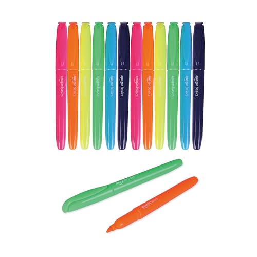 Amazon Basics Chisel Tip, Fluorescent Ink Highlighters, Assorted Colors - Pack of 12