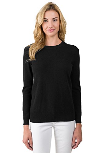 JENNIE LIU Women's 100% Pure Cashmere Long Sleeve Crew Neck Sweater (Black,Large)