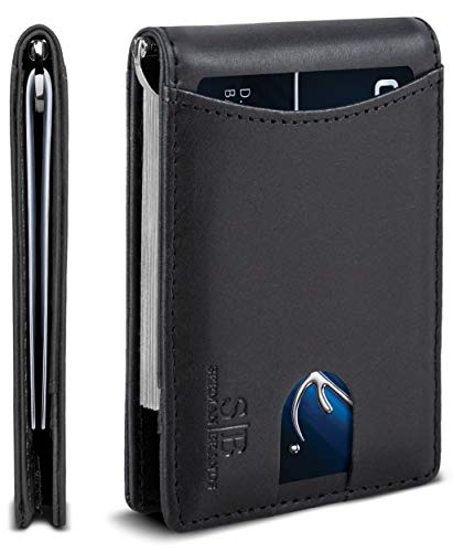 SERMAN BRANDS RFID Blocking Slim Bifold Genuine Leather Minimalist Front Pocket Wallets for Men with Money Clip Thin Gift (Charcoal Black 1.S)