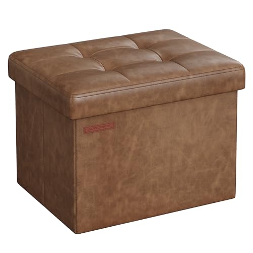 SONGMICS Small Folding Storage Ottoman, Foot Rest Stool, Cube Footrest, Synthetic Leather, 12.2 x 16.1 x 12.2 Inches, 286 lb Capacity, for Living Room, Bedroom, Dorm, Coffee Brown ULSF100K01