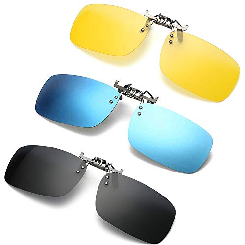 Newon 3 PACK, Clip on Flip up Polarized Sunglasses For RX Eyeglasses, UV Protection Shades Lens Over Prescription Glasses, Black+Blue mirror+Yellow