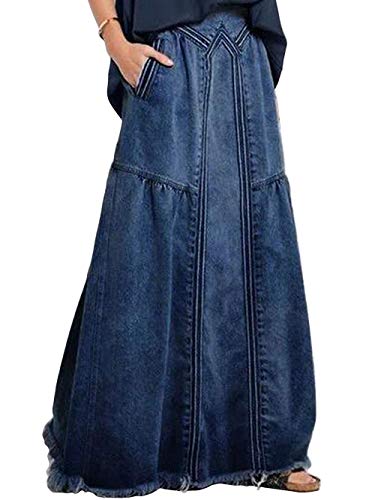 ebossy Women's Casual Elastic Waist Frayed Hem A-Line Distressed Hippie Long Maxi Denim Skirt (Large, Dark Blue)
