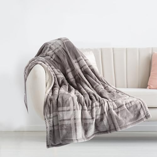 Electric Heated Blanket 50'' × 60'' Machine Washable Flannel Blanket, Throw Size, 3 Hours Auto Off & 5 Fast Heating Levels, Comfortable Double-Sided Thickened Electric Blanket, Gray Plaid