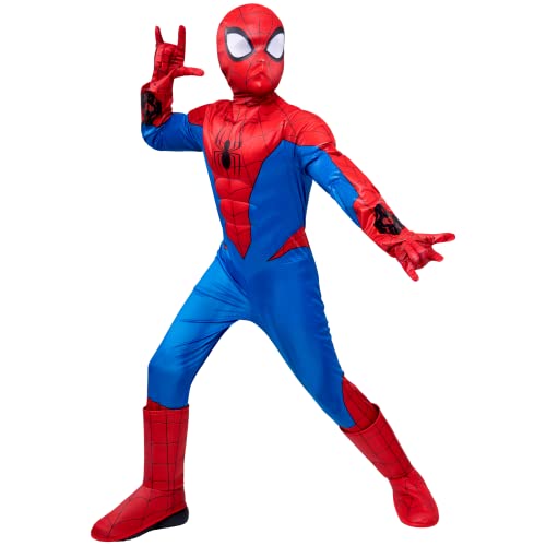 MARVEL Spider-Man Official Youth Deluxe Costume - Padded Jumpsuit with Gloves and Detachable Mask, Small