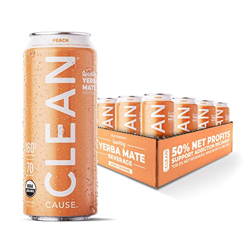 CLEAN Cause Low Calorie Peach USDA Organic Sparkling Yerba Mate Tea (16oz cans, 12-Pack Case) Low Sugar, 160mg Caffeine, Healthy Alternative to Soda & Energy Drinks.