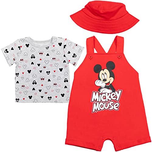 Disney Mickey Mouse Infant Baby Boys French Terry Short Overalls T-Shirt and Hat 3 Piece Outfit Set Red 18 Months