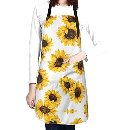 Hasdon-Hill Cute Sunflower Aprons for Women with Pockets, Unisex Chef Bib Apron with Adjustable Neck Strap for Kitchen, Cooking, Baking, Gardening, BBQ