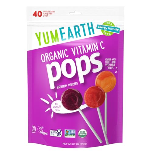 YumEarth Organic Vitamin C Pops Variety Pack, 40 Fruit Flavored Favorites Lollipops, Allergy Friendly, Gluten Free, Non-GMO, Vegan, No Artificial Flavors or Dyes