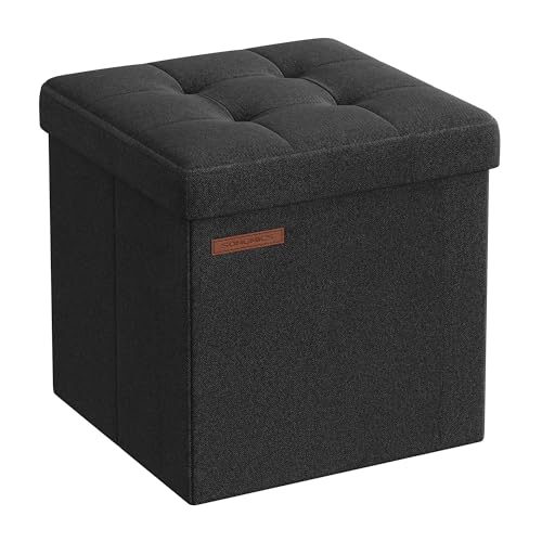 SONGMICS 11.8 Inches Small Folding Storage Ottoman Cube, Storage Footrest, Foot Rest Stool, for Living Room, Bedroom, Dorm, Ink Black ULSF028B01