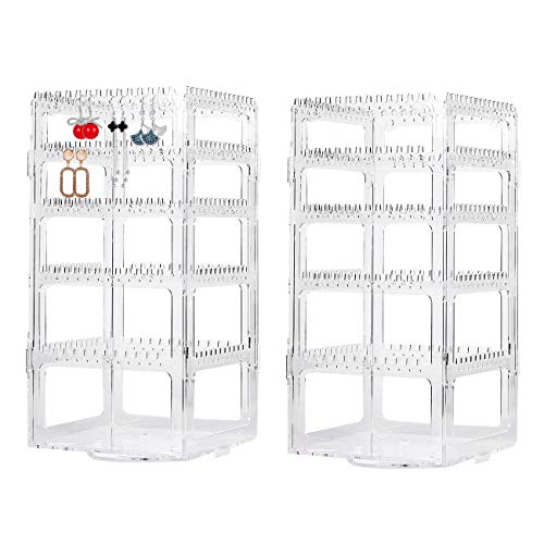 2 Pack Clear Rotating Earring Holder 360 Degree Jewelry Organizer Acrylic Earring Hanger Display Rack, 4 Tiers Jewelry Hanger Organizer Tree Display Stand Rack for Earrings Bracelets Necklaces