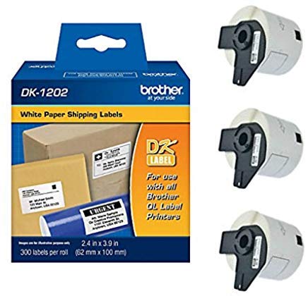 Brother Genuine DK-1202 3-Pack Die-Cut White Paper Shipping Labels for QL Printers, 2.4' x 3.9' (62mm x 100mm) Individual Label Size, 900 Total Labels