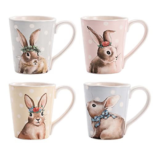 Bico Farmhouse Bunny Ceramic Mugs, Easter Mugs Set, 16oz, Set of 4, for Coffee, Tea, Drinks, Microwave & Dishwasher Safe