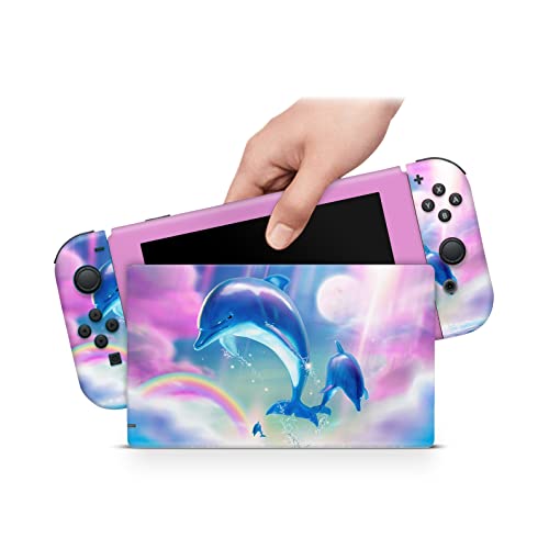 ZOOMHITSKINS Compatible with Nintendo Switch Skin Cover Dolphin Marine Adorable Cute Animals Deep Ocean Sea Gloss Rainbow Moon Pastel Cloud Sky 3M Vinyl Decal Sticker Wrap, Made in The USA
