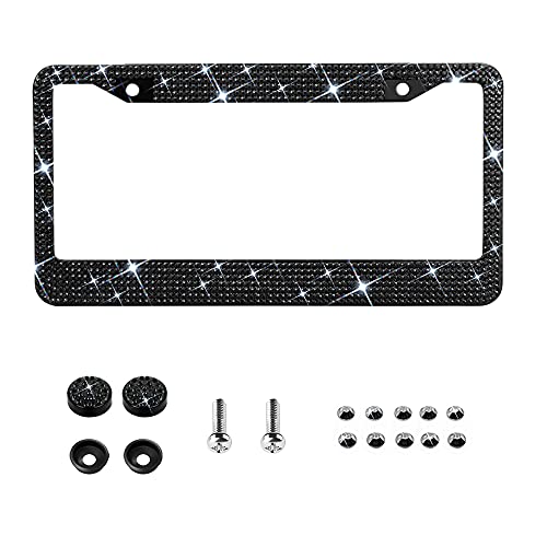 Bling License Plate Frame for Women,Sparkle Crystal Bedazzled Rhinestone License Plate Frames with 1400pcs Rhinestones, Handcrafted Crystal Premium Stainless Steel Frame with Screw Caps (Black)