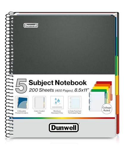 Dunwell 5-Subject Notebook College Ruled 8.5 x 11, 200 Sheets (400 Pages), Spiral Notebook 8.5x11 with Tabs, Movable Pocket Dividers, Front/Back Plastic Covers, Multi Subject Notebook